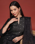 Solid Straight Poly Silk Kurta Set with Mandarin Collar and Organza Dupatta