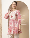 Floral Patch Printed A-Line Cotton Cambric Kurti