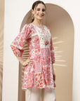Floral Patch Printed A-Line Cotton Cambric Kurti