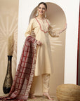 Solid Embroidered A-Line Kurta Set with Palazzo & Printed Dupatta