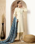Solid Embroidered A-Line Kurta Set with Palazzo & Printed Dupatta