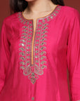 Solid A-Line Modal Chanderi Kurta with Zari Embroidery & Dupatta