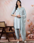 Cotton Kurta with Kimono Sleeves, Embroidered Afghani Salwar & Lace Dupatta