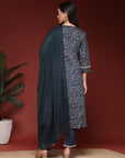 Paisley Printed A-Line Cambric Kurta Set and Chiffon Dupatta