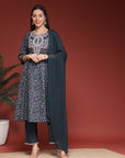 Paisley Printed A-Line Cambric Kurta Set and Chiffon Dupatta