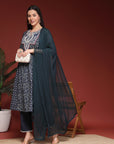 Paisley Printed A-Line Cambric Kurta Set and Chiffon Dupatta