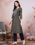 Floral Printed A-Line Modal Kurta Set with Zari Embroidery