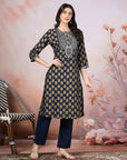 Floral Printed A-Line Modal Kurta Set with Zari Embroidery