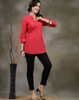 Solid Straight Cotton Tunic with Roll-Up Sleeves