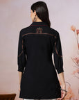 Solid A-Line Cotton Blend Shirt with Paisley Embroidery & Smocked Sleeves