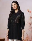 Solid A-Line Cotton Blend Shirt with Paisley Embroidery & Smocked Sleeves