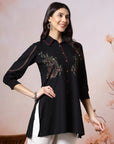 Solid A-Line Cotton Blend Shirt with Paisley Embroidery & Smocked Sleeves