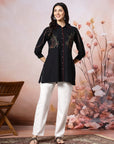 Solid A-Line Cotton Blend Shirt with Paisley Embroidery & Smocked Sleeves