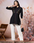Solid A-Line Cotton Blend Shirt with Paisley Embroidery & Smocked Sleeves