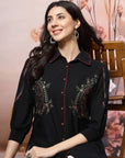 Solid A-Line Cotton Blend Shirt with Paisley Embroidery & Smocked Sleeves