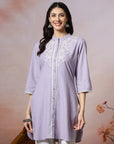 Solid Straight Cotton Blend Kurta Set with Ethnic Embroidery & Lace Detail