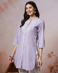 Solid Straight Cotton Blend Kurta Set with Ethnic Embroidery & Lace Detail