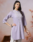 Solid Straight Cotton Blend Kurta Set with Ethnic Embroidery & Lace Detail