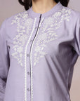 Solid Straight Cotton Blend Kurta Set with Ethnic Embroidery & Lace Detail