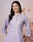 Solid Straight Cotton Blend Kurta Set with Ethnic Embroidery & Lace Detail