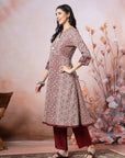 Abstract Printed A-Line Viscose Rayon Kurta Set with Crochet Work & Laced Dupatta