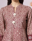 Abstract Printed A-Line Viscose Rayon Kurta Set with Crochet Work & Laced Dupatta