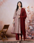 Abstract Printed A-Line Viscose Rayon Kurta Set with Crochet Work & Laced Dupatta