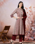 Abstract Printed A-Line Viscose Rayon Kurta Set with Crochet Work & Laced Dupatta