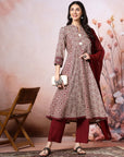 Abstract Printed A-Line Viscose Rayon Kurta Set with Crochet Work & Laced Dupatta