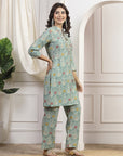 Ethnic Motif Printed Modal Chanderi Kurta Set with Floral Embroidery