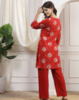 Printed Straight Rayon Kurta Set with Embroidered Yoke