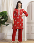 Printed Straight Rayon Kurta Set with Embroidered Yoke