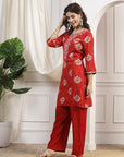 Printed Straight Rayon Kurta Set with Embroidered Yoke