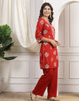 Printed Straight Rayon Kurta Set with Embroidered Yoke