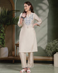 Solid Straight Poly Viscose Kurta Set with Ari Embroidery
