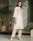 Solid Straight Poly Viscose Kurta Set with Ari Embroidery