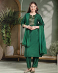 Art Silk Festive Kurta Set with Brocade Detailing, Palazzo & Lace-Edged Dupatta