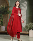 Solid A-line Silk Kurta Set with Dupatta for Women