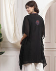 Solid A-Line Rayon Kaftan Kurta with Embroidered Yoke & Flared Sleeves