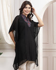 Solid A-Line Rayon Kaftan Kurta with Embroidered Yoke & Flared Sleeves