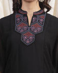Solid A-Line Rayon Kaftan Kurta with Embroidered Yoke & Flared Sleeves