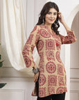 Maroon Viscose Rayon Kurti with Ethnic Motifs & Tassel Detail