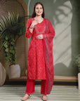Bandhani Printed Rayon Kurta Set with Zari Embroidery & Chiffon Dupatta
