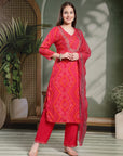 Bandhani Printed Rayon Kurta Set with Zari Embroidery & Chiffon Dupatta