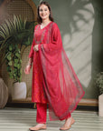 Bandhani Printed Rayon Kurta Set with Zari Embroidery & Chiffon Dupatta