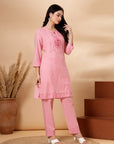 Pink Cotton Co-ord Set with Tonal Embroidery & Laced Sleeve