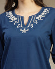 Thread Embroidered Cotton Kurti with Lace-Trim Sleeves
