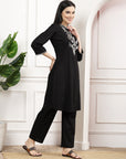 Black Embroidered Cotton Linen Kurta Set with Palazzo