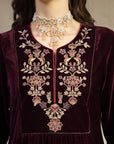 Velvet Straight Kurta Set with Zari Embroidery & Banarasi Dupatta