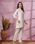Ivory Co-ord Set with Floral Embroidered Tunic & Pocketed Palazzo